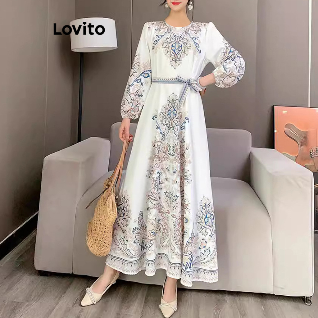 Lovito ชุดเดรสผู้หญิง พิมพ์ลายแนวชนเผ่า สไตล์ลำลอง LNL69229