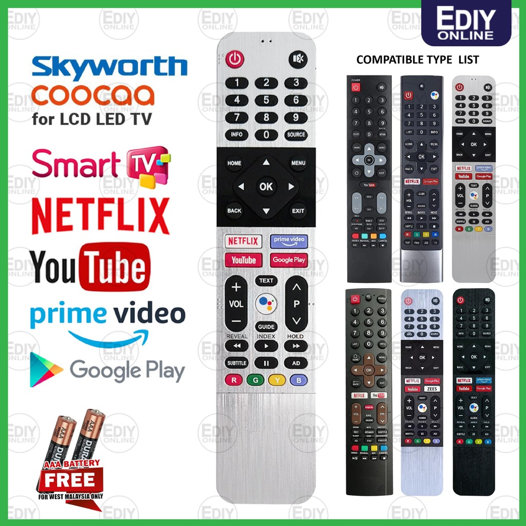 SKYWORTH REPLACEMENT SMART TV LED รีโมทคอนโทรล YOUTUBE NETFLIX PRIME VIDEO GOOGLE PLAY ANDROID 539C-268923-SW-V1 เครื่องมือเปิดโล่ง Ediyonline Ediy