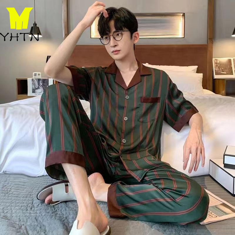 YHTN ชุดนอนผ้าซาตินผู้ชาย นุ่มและสบาย สินค้าใหม่ คุณภาพสูง สันทนาการ ฤดูร้อน ชุดนอนผู้ชายขาสั้น ขนาดพลัส ชุดนอนชายขายาว