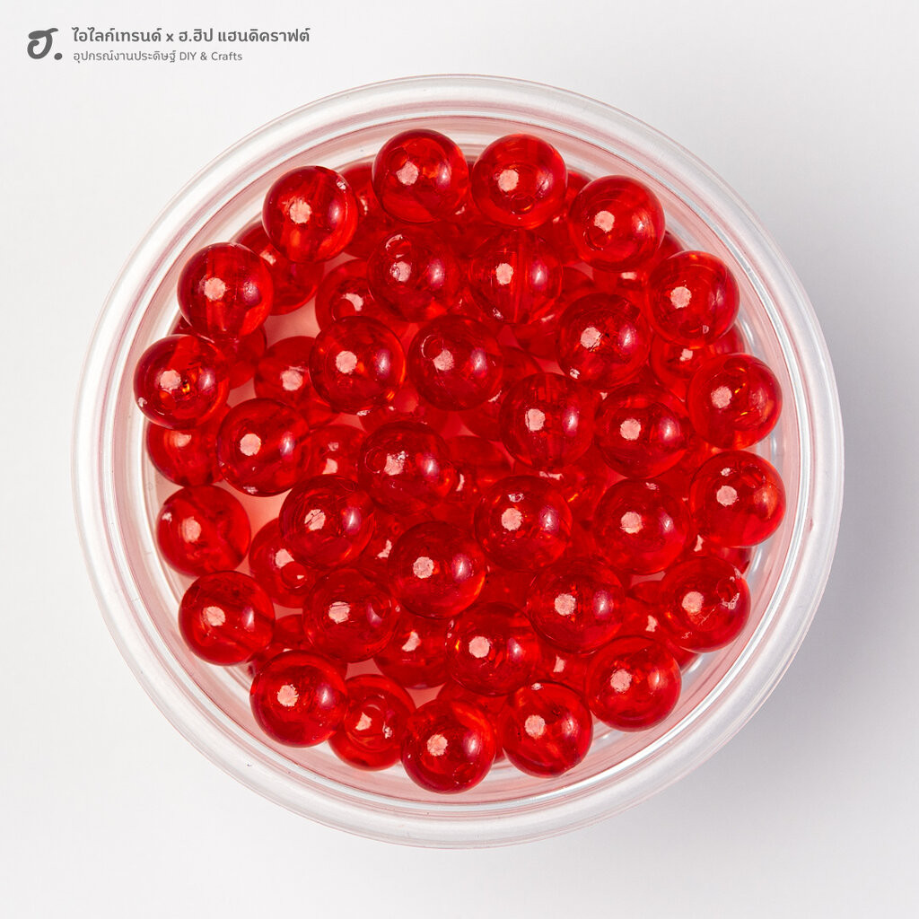 ลูกปัดเม็ดกลม ขนาด 8 มม. สีแดงใสโปร่งใส Fiery Red Translucent