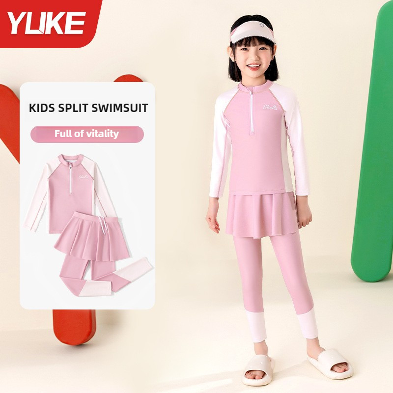 YUEK ชุดว่ายน้ำแขนยาวสไตล์แยกของผู้หญิง การป้องกันแดด แห้งอย่างรวดเร็ว kids swimsuit