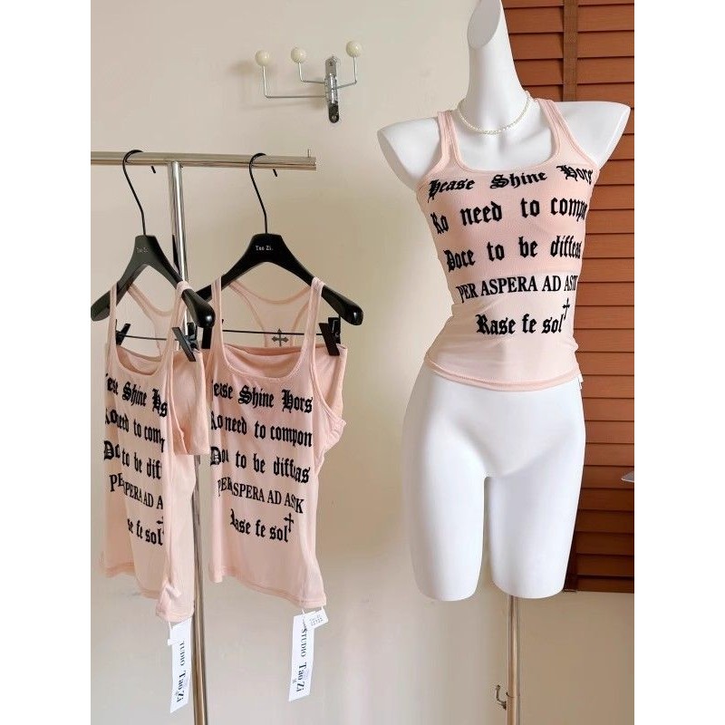 French Letter พิมพ์ Camisole ผู้หญิง สไตล์ใหม่ ซีมโฟร์Slim-fit แขนกุด อินเทรนด์