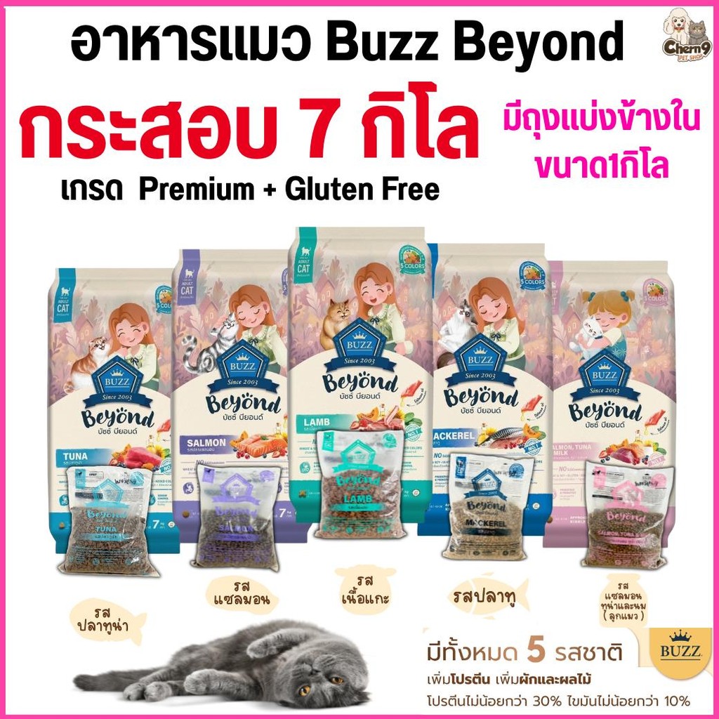 [[7กิโลกรัมมีถุงแบ่งด้านในถุงละ1กิโล]]n อาหารแมวBuzz Beyond เกรดPremium+Gluten Free โปรตีนสูง เพิ่มผลไม้ ควบคุมโซเดียม
