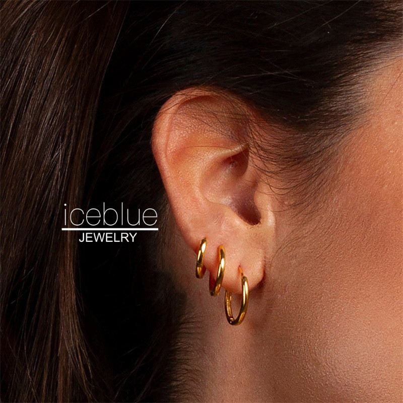 Iceblue-Simple 316L ต่างหูห่วงสแตนเลส 14K ชุบทองกันน้ํา Hypoallergenic Non Tarnish ต่างหู Unisex สําหรับผู้หญิง MenE20