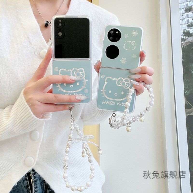 Lushuo เคสโทรศัพท์สําหรับ Samsung Galaxy Z Flip 6 5 4 3 OPPO ค้นหา N2 Flip N3 Flip น่ารัก Hello Kitty ปกหลังพร้อมสร้อยข้อมือสําหรับ Flip3 Flip4 Flip5 Flip6 N2Flip N3Flip