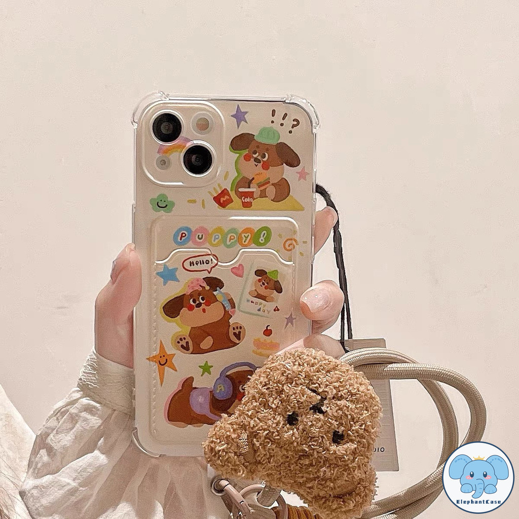 ลูกสุนัขแฟชั่นกราฟฟิติเข้ากันได้เคสไอโฟน 16 11 13 XR 15 14 12 Pro Max 7 8 Plus X XS Max SE2020 เชือกกระเป๋าสตางค์บัตรเคส