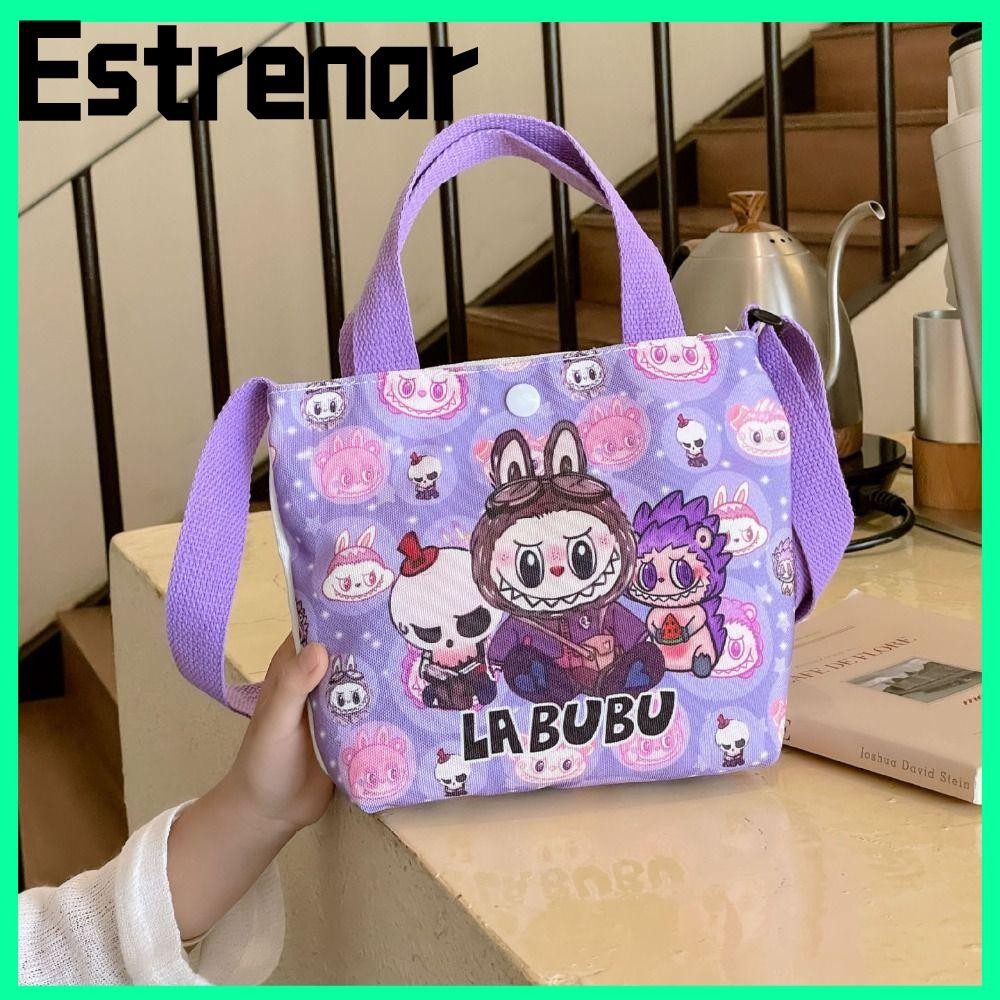 Estrenar Labubu Canvas Bag, กระเป๋าสะพายลายการ์ตูนความจุขนาดใหญ่, กระเป๋าถือแบบพกพา Tote Bag