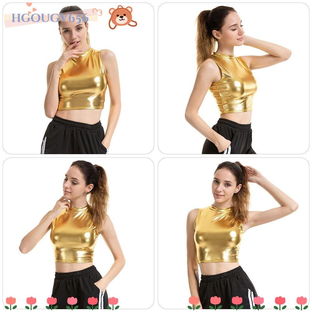 Hgougv656 Bralette Tops, Shiny Show เครื่องแต่งกาย, ผู้หญิงแขนกุดหนังเทียม Slim Short Crop Top ไนท์ค