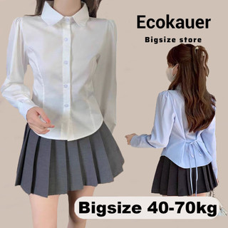 Ecokauer White Blouse for Women Long Sleeves Polo Collar Shirt Puff Sleeve Waisted Slim Blouse Top