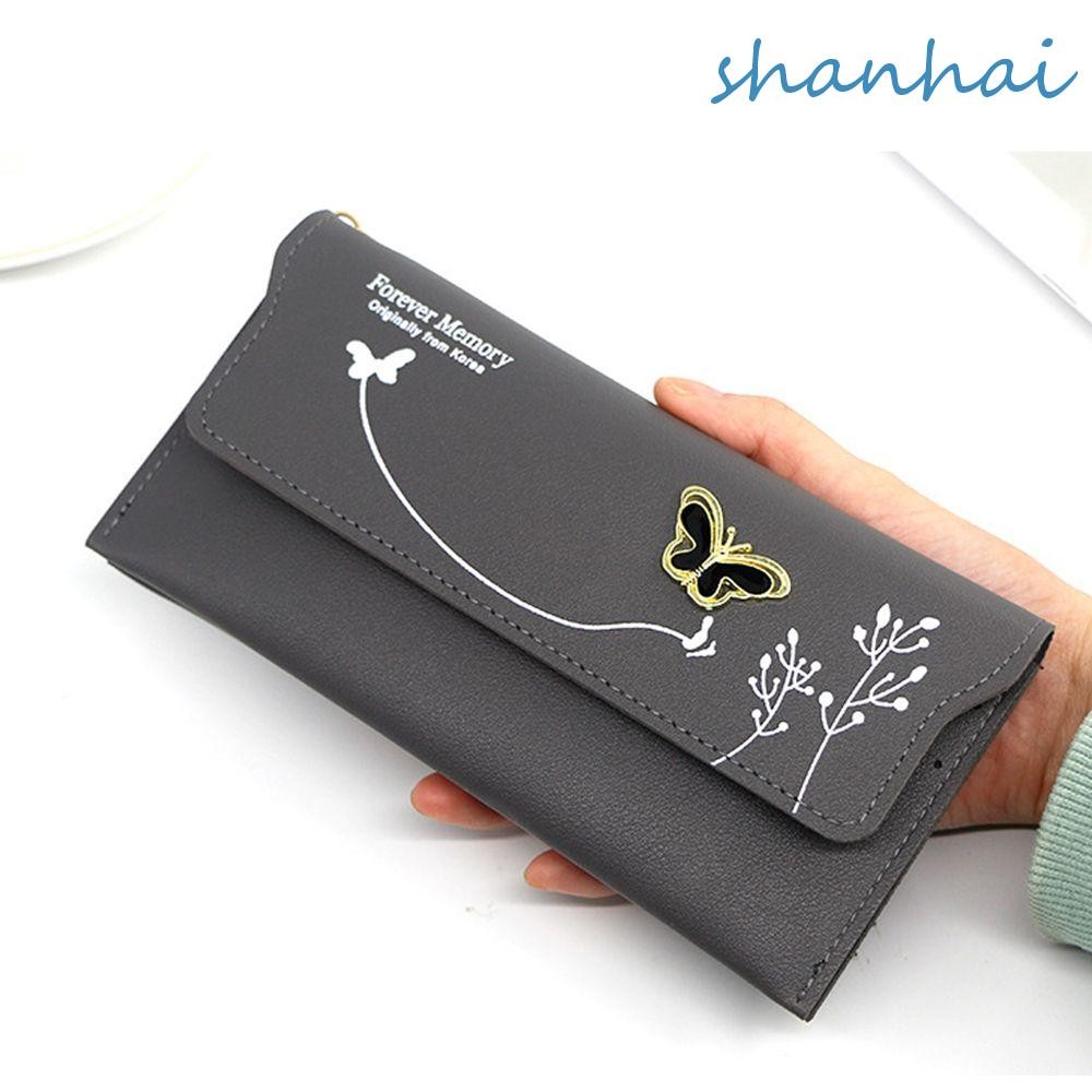 Shanhai กระเป๋าสตางค์ผู้หญิงเรียบง่ายสบายๆกระเป๋ายาวกระเป๋าบัตรกระเป๋าใส่เหรียญผีเสื้อโบว์กระเป๋าคลัทช์