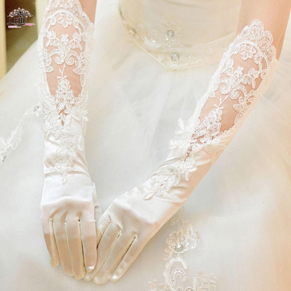 Jeremy1 ซาตินถุงมือยาว,ลูกไม้สีขาวงานแต่งงานเจ้าสาวถุงมือ,แฟชั่น Vintage หวานยืดหยุ่นยาว Finger Mitt