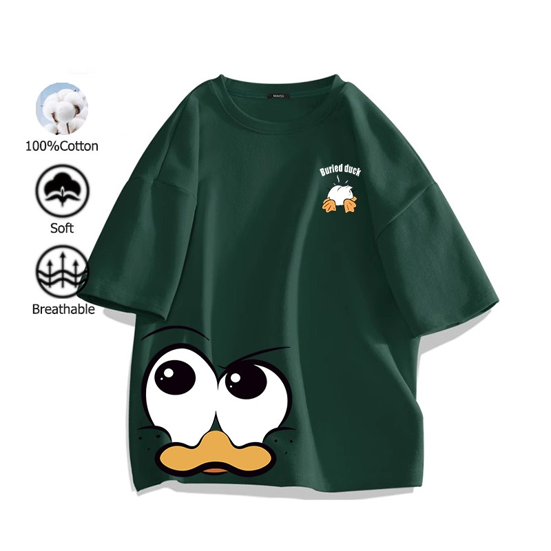 (จัดส่งตลอด 24 ชั่วโมง)Woo Right เสื้อเชิ้ตแขนสั้นผ้าฝ้ายพิมพ์ลายการ์ตูนเป็ดน่ารัก รูปแบบเป็ดน้อยน่ารัก คู่รักสวมแขนสั้น