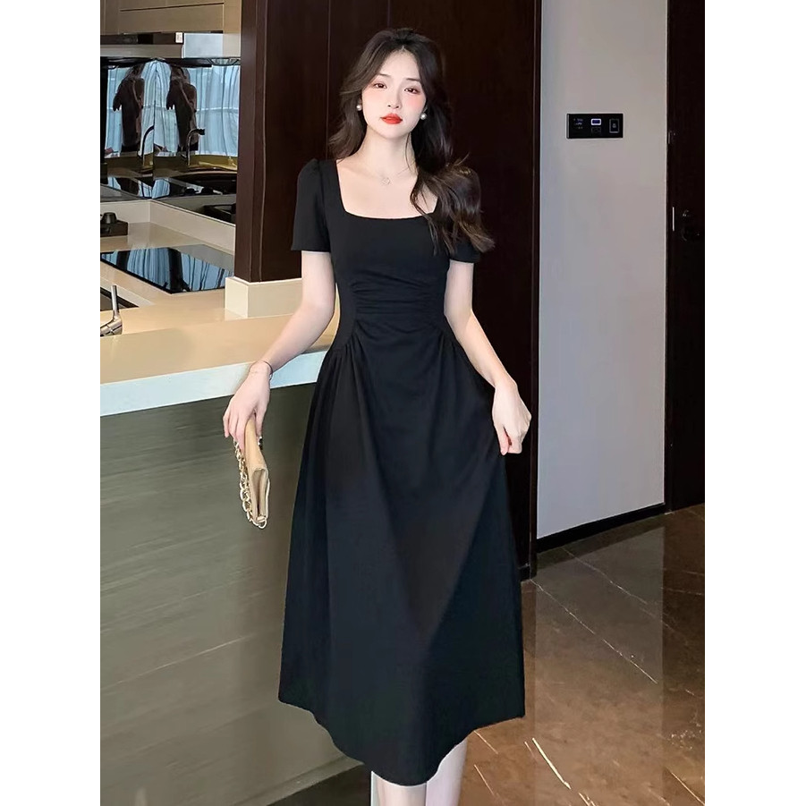 ชุดเดรสยาว สีดํา เกาหลี คุณหนู น่ารักๆใส่ไปคาเฟ่ หรูดูแพง ชุดเดรสฟูเจ้าหญิง งานพรอม