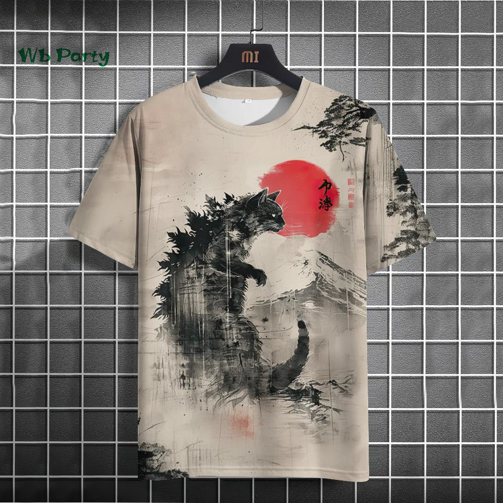 เสื้อยืดแขนสั้นผู้ชายสไตล์ญี่ปุ่น ออกแบบภาพอุกิโยะ-จ พิมพ์ลายแมว เหมาะสำหรับการสวมใส่ในฤดูร้อนและกิจกรรมกลางแจ้ง พร้อมไซส์ใหญ่