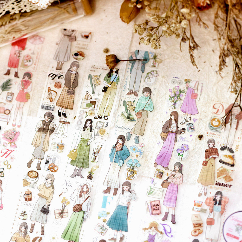 Kawaii Vintage Washi เทปสาวสติกเกอร์ PET สติกเกอร์เทปสําหรับ Journaling สมุดภาพ Junk Journal Bullet 