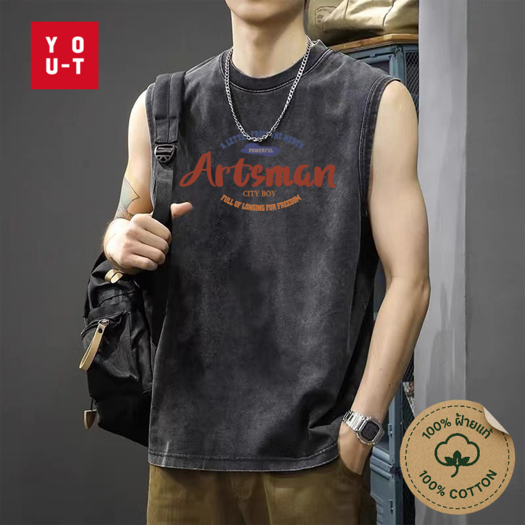 Y-T เสื้อเชิ้ตแขนกุดชาย ใส่สบาย ทรงหลวม แขนกุด นุ่มสุดๆ ไม่หด ผ้าฝ้าย100% ลาย "T'ARTSMAN" สไตล์เกาหลี
