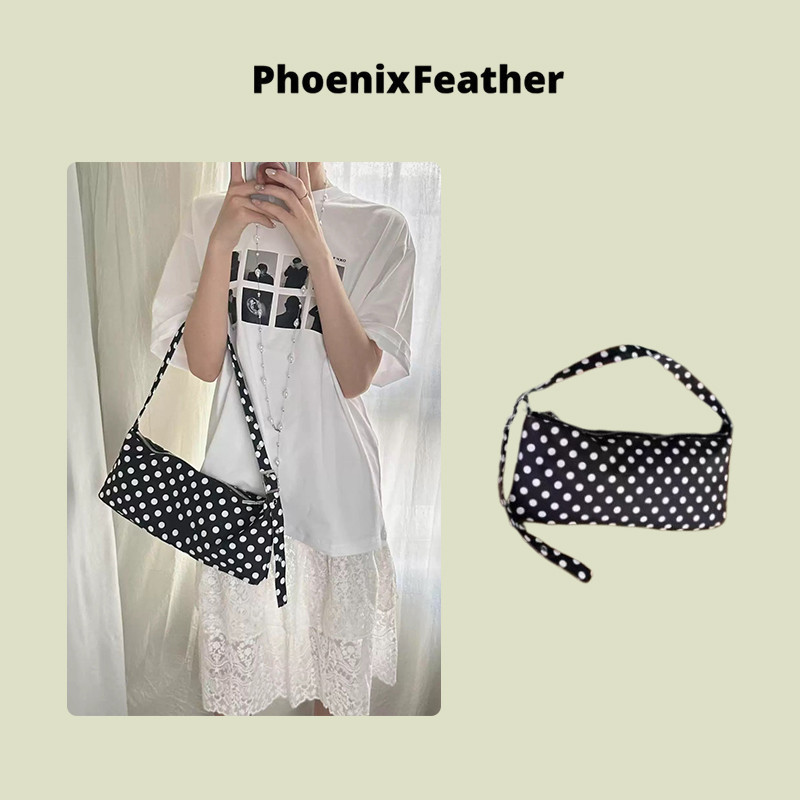 Phoenix Feather  ใหม่กระเป๋าสะพายไหล่ลายจุดสีดําและสีขาวเรียบง่ายกระเป๋าถือพร็อพอเนกประสงค์