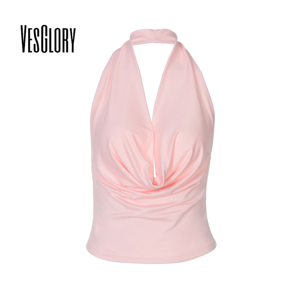 VesGlory ผู้หญิง 2025 แฟชั่น Tanks Top Halter V คอแขนกุด Nipped เอวสีทึบ Street Wear สไตล์