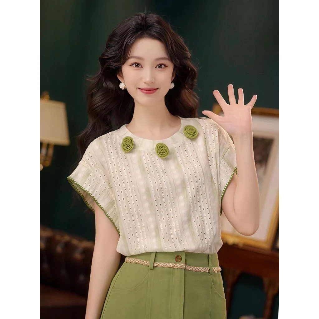 เสื้อแขนสั้นลายดอกไม้ สไตล์เกาหลี สำหรับสุภาพสตรี ไซส์ S-XL thumbnail 3