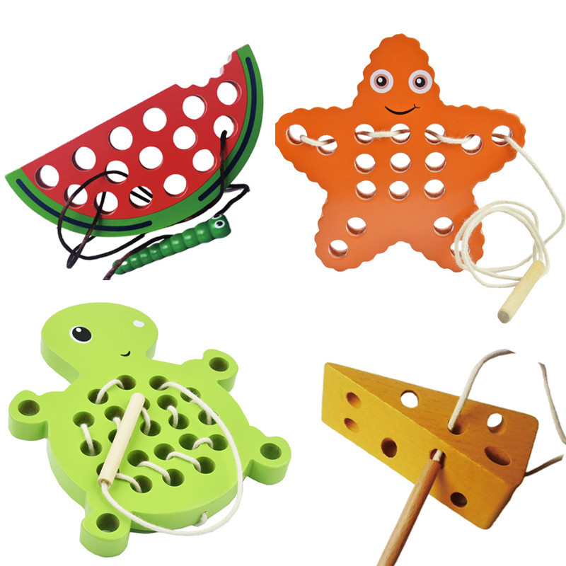 Early Education Toddler Stringing Toy Mouse Cheese Wooden Baby Educational Pull String Toy Game Whol