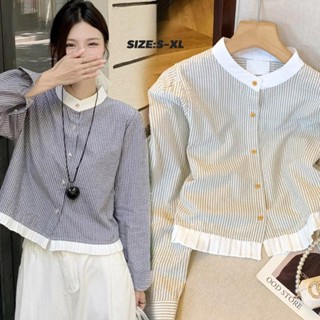 Mimi&didi#เสื้อเชิ้ตคอตั้งแขนยาวลายทางตัดกันสไตล์ฝรั่งเศสสำห…