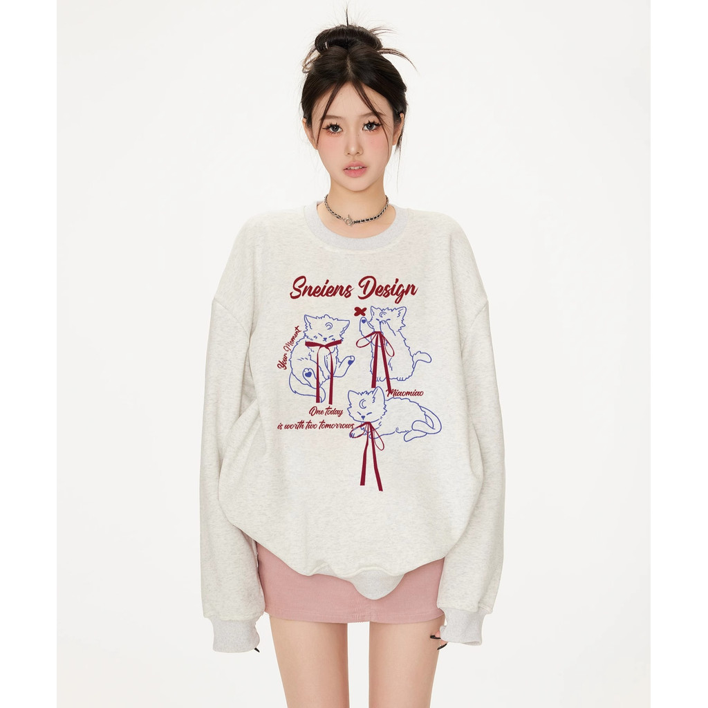 （พร้อมส่งจากกรุงเทพ） เสื้อกันหนาวแขนยาว เสื้อยืดคอกลมพิมพ์ลาย เสื้อเชิ้ตลำลองทรงหลวมใส่สบาย ผู้หญิงแฟชั่นเกาหลี M-XXXL