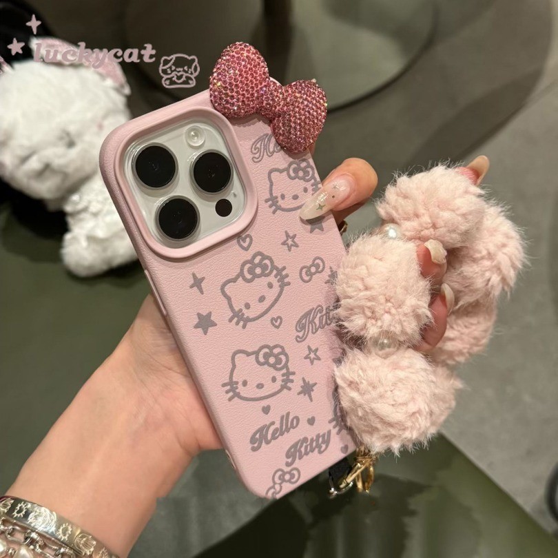 Iphone 16 15 14 13 12 11 Pro Max X Xr Xs Max เคสโทรศัพท์น่ารัก KT Cat สีชมพูหวาน Diamonds Bow + Lanyard หนังนุ่มปกหลัง