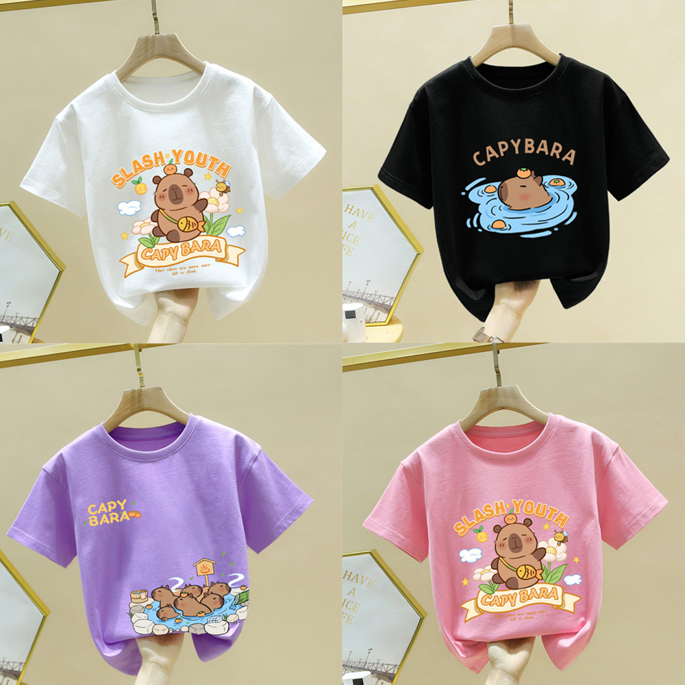 (พร้อมส่งจากกรุงเทพ) kapibalaเสื้อยืดเด็กผ้าฝ้ายแท้พิมพ์ลายการ์ตูนคาปิบาราน่ารักลำลองแขนสั้นใส่สบายหลากหลายสไตล์สีและ