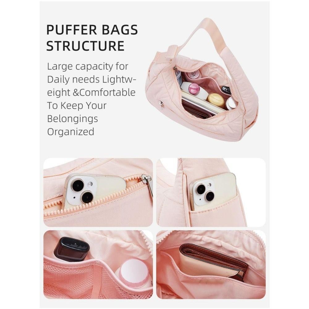 BEBETTKISS กระเป๋าใต้วงแขน, กันน้ําพร้อมกระเป๋าถือสายรัดปรับได้, Hot Puffy Quilted Nylon กระเป๋าสะพายผู้หญิงสาว