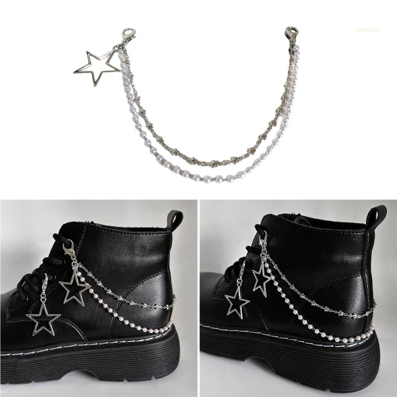 San* สองชั้นโซ่รองเท้าเชือกผูกรองเท้าตกแต่ง Star Heart Pearls รองเท้าหัวเข็มขัดตกแต่ง
