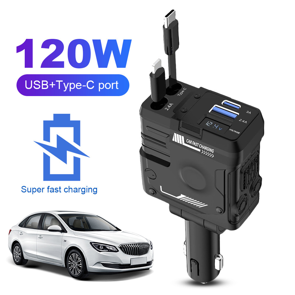 หัวชาร์จในรถ ที่ชาร์จในรถ ชาร์จเร็ว 4in1 Type-C USB 66W 12-24V สายยืดหดได้ สายชาร์จในรถยนต์ ที่ชาร์จแบตในรถยนต์ ที่ ชาร์จ แบต ใน รถ