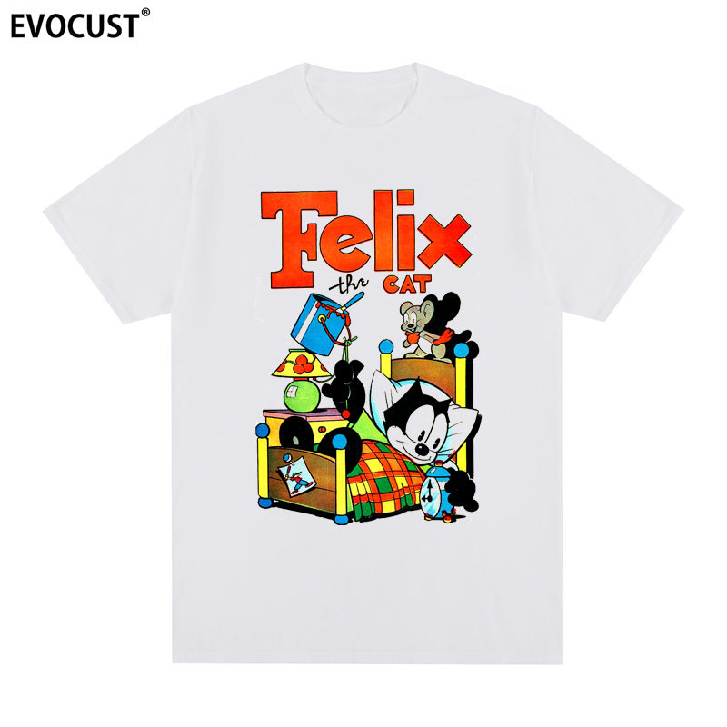 ผ้าฝ้าย 100% Felix Cat เสื้อยืดแขนสั้น Felix Niche การ์ตูนอะนิเมะ VINTAGE VINTAGE Graffiti ผู้ชายผู้