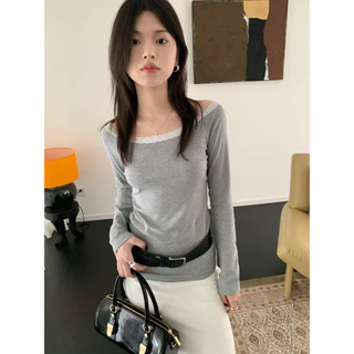 cherryshop พร้อมส่ง เสื้อยืดแขนยาวลูกไม้แฟชั่นเกาหลีสำหรับผู้หญิง ไหล่เดียว สไตล์สลิมฟิต ผ้าเนื้อนุ่ม หวานและเซ็กซี่
