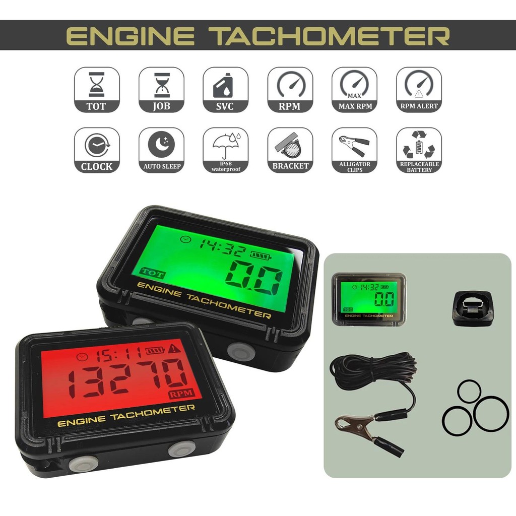 มัลติฟังก์ชั่รถจักรยานยนต์ Tachometer ไฟแบ็คไลท์สีเขียว RPM นาฬิกาดิจิตอลจอแสดงผล Tach Hour Meter Auto Sleep เปลี่ยนแบตเตอรี่