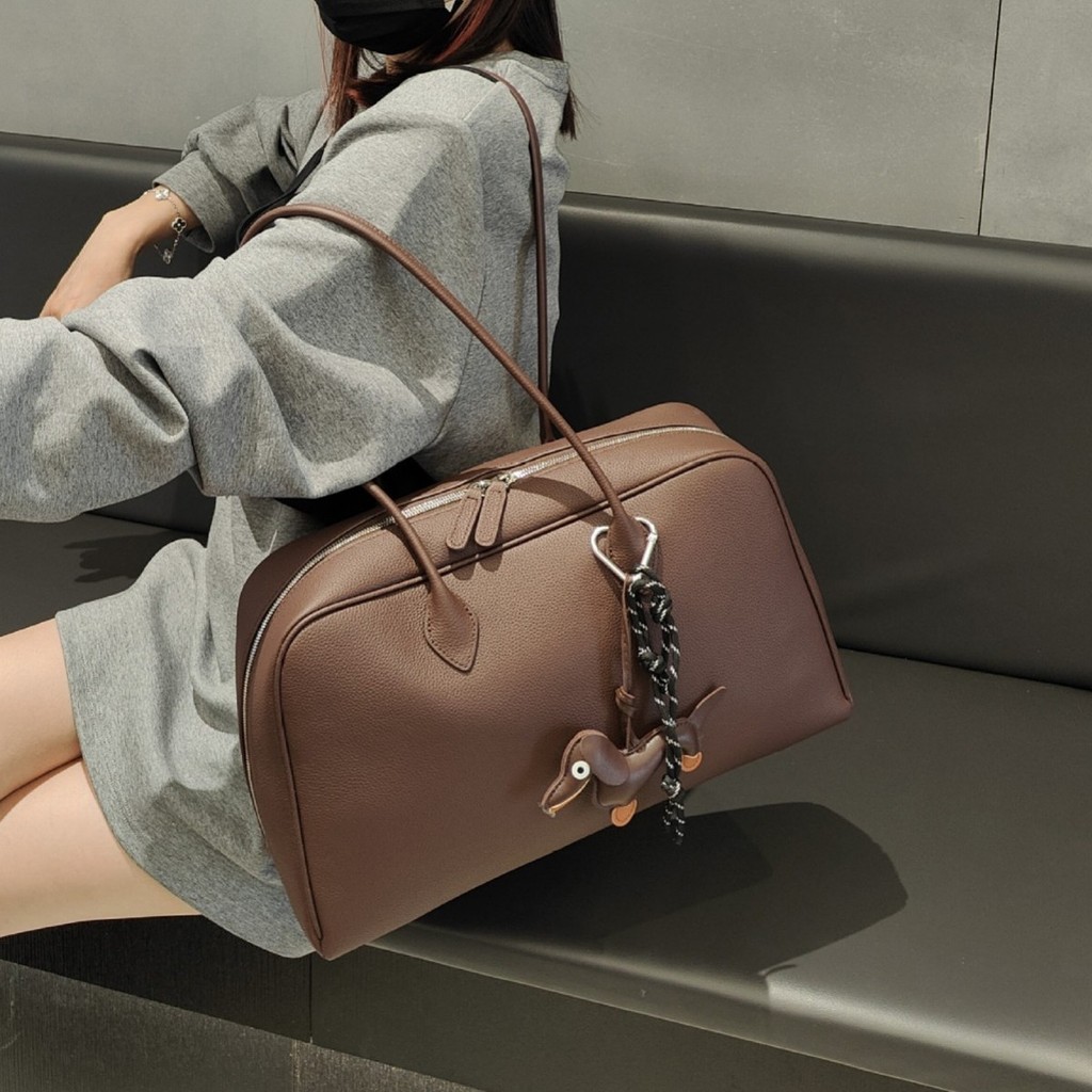 F First Layer Cowhide Boston Pillow Bag Korean Niche Underarm Bag Large Capacity Tote Bag Commuter Shoulder Handbag