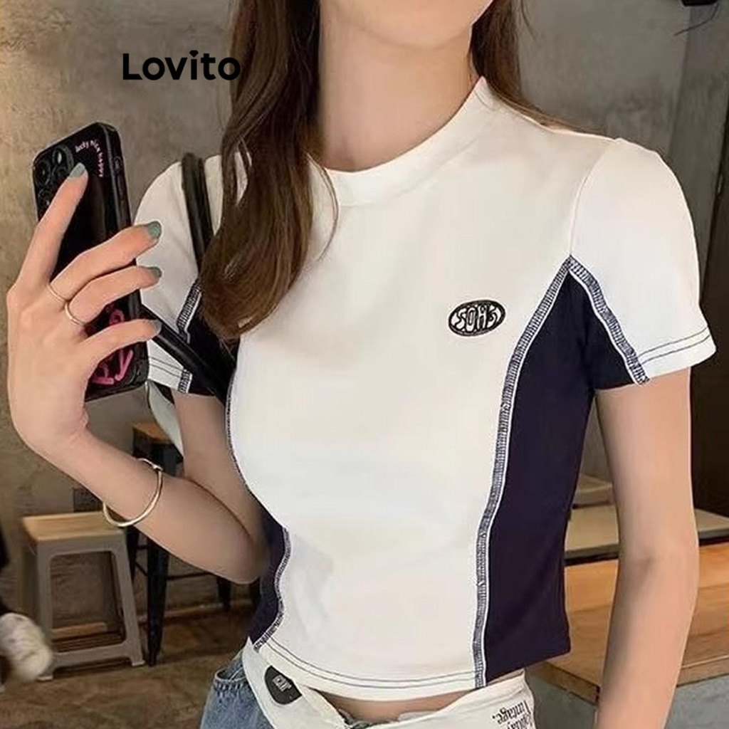 Lovito เสื้อยืดผู้หญิง บล็อกสี ลายตัวอักษร สไตล์ลำลอง LNE60084
