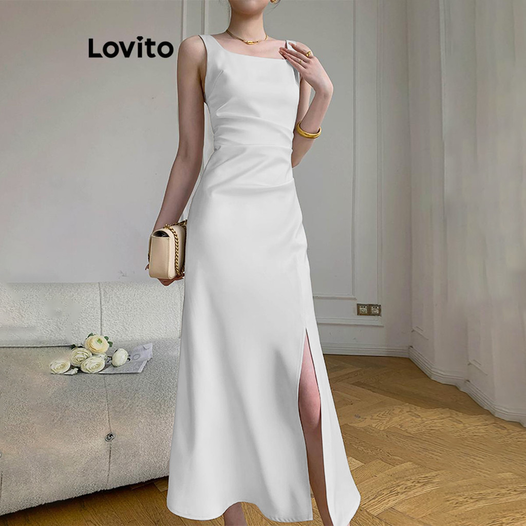 Lovito ชุดเดรสผู้หญิง ผ่าด้านหน้า สีพื้น หรูหรา LNE58796
