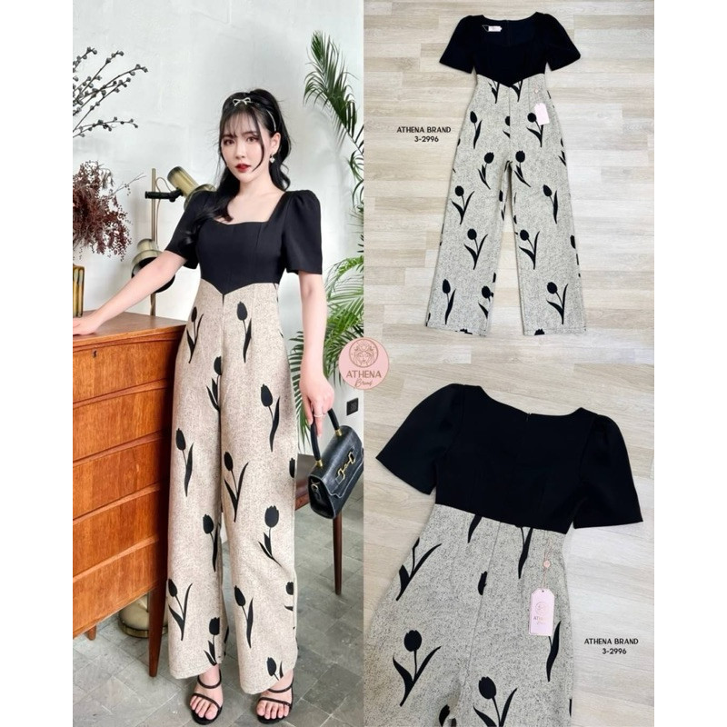 PD (พร้อมส่ง) Athena34 จั๊มสูทขายาวดีไซน์คอเหลี่ยมตัดต่อเนื้อผ้าที่มีTexture เป็นผ้าทอพิมพ์ลายดอกไม้