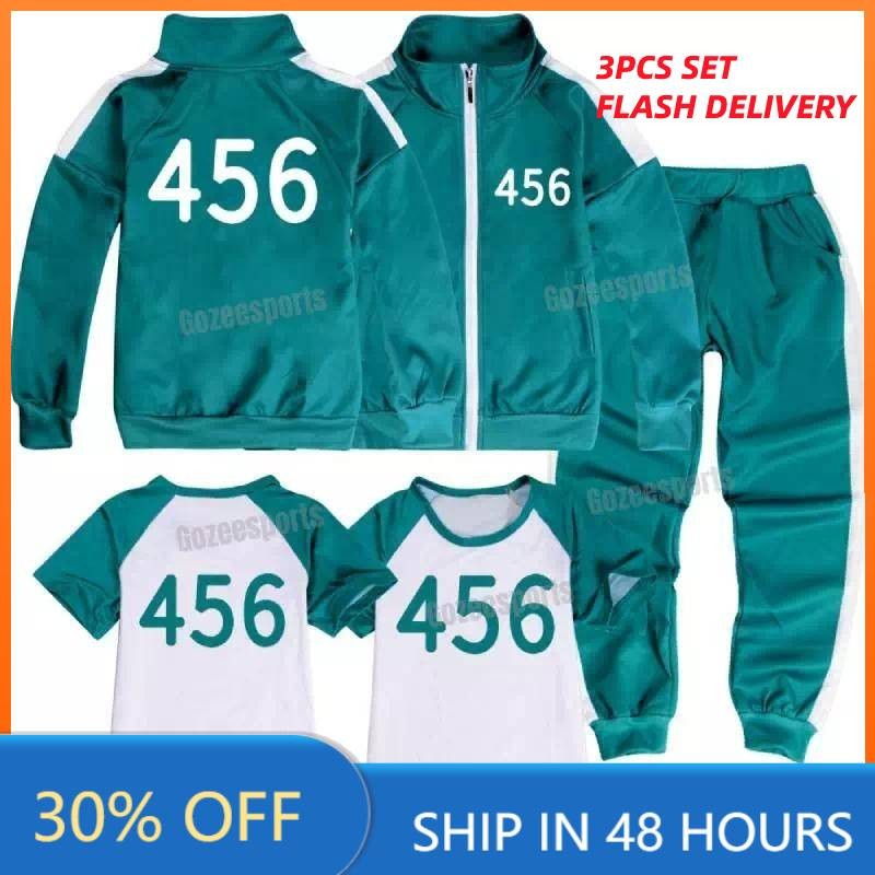 ชุด 3 ชิ้น Sta5 Squid Game 456 เสื้ออบอุ่นกางเกงขายาวเสื้อยืดเด็กผู้หญิงผ้าคอสเพลย์สําหรับเด็กชุดกีฬ