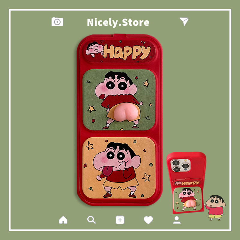 Happy Funny Crayon Shin-chan Decompression เคสโทรศัพท์สําหรับ IPhone 16 15 Pro Max 14 13 12 11 TPU หนังวงเล็บพับ Anti-fall ฝาหลัง