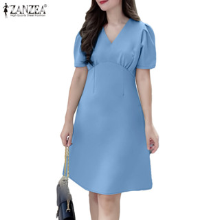 ZANZEA ชุดเดรสคอวีแขนสั้นแฟชั่นเกาหลีสําหรับผู้หญิง