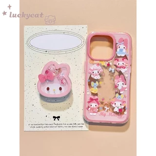 เข้ากันได้กับ iPhone 16 15 14 13 12 11 Pro Max X Xr Xs Max 7 8 Plus SE2020 เคสโทรศัพท์การ์ตูนน่ารักสีชมพูหวานโบว์กระต่าย + ขาตั้งฝาหลังนุ่ม