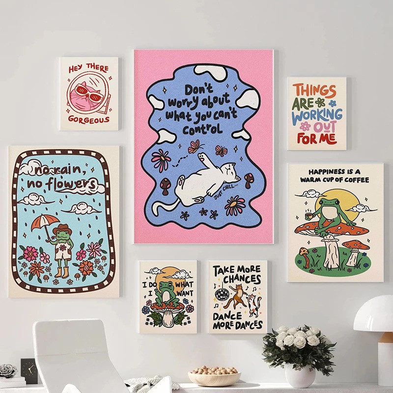 สีสัน Retro Positive Vibes คําคมโปสเตอร์ Kawaii กบแมวสุนัข Dopamine Decor ภาพวาดผ้าใบ Art ภาพ Wall เครื่องใช้ในบ้าน