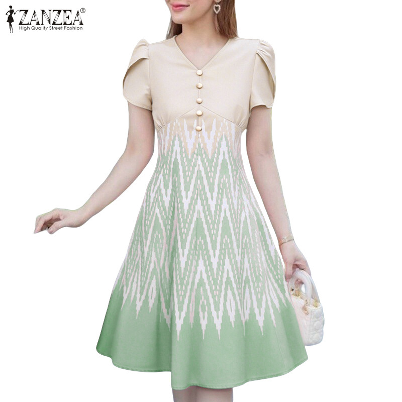 ZANZEA ชุดผู้หญิงสไตล์เกาหลี Ladylike V-neck แขนพิมพ์จีบแบบ A-line