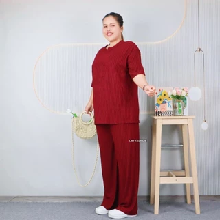 ชุดเซ็ทสาวอวบ ไซส์ใหญ่ เสื้อคอกลม แขนสั้น กางเกงขายาว ทรงขากระบอกใหญ่ ผ้าย่น ลายเปลือกไม้ cb602#