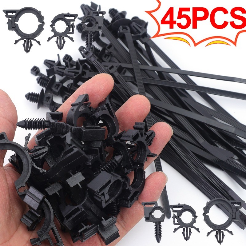 ชุดเคเบิ้ลไทร์แบบล็อคตัวเอง | 45ชิ้น สายรัดไนลอน + คลิปหนีบสายรัด สารหน่วงไฟ & กันรังสียูวี สําหรับรถยนต์/เวิร์คช็อป/องค์กรสวน