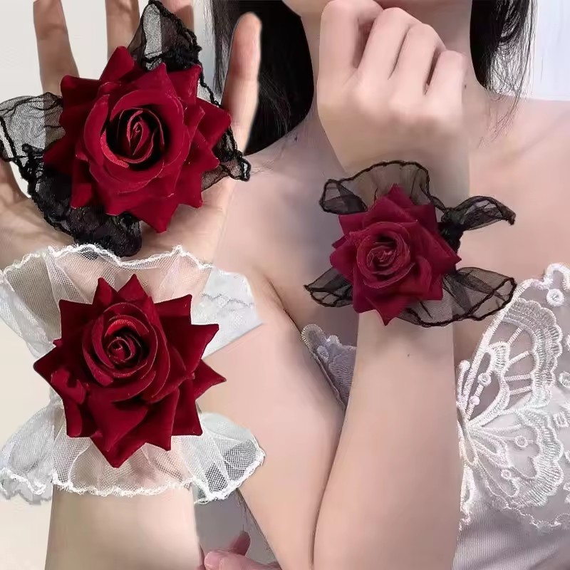 สายรัดข้อมือโกธิกนัวเนีย ลายลูกไม้สีแดง กุหลาบ และตาข่าย สำหรับสไตล์โลลิต้า พร้อมสร้อยข้อมือดอกไม้ เครื่องประดับมือหรู