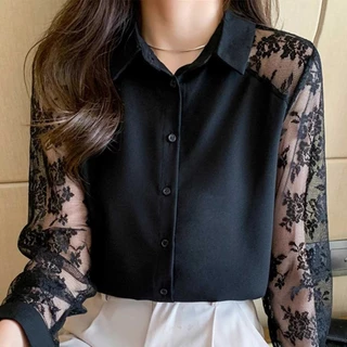 เสื้อเชิ้ตแขนยาว ลูกไม้ ผ้าชีฟอง ดีไซน์แฟชั่น