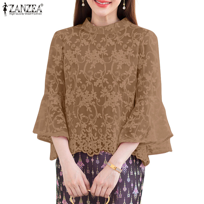 ZANZEA ซานเซีย สุภาพสตรีแฟชั่นเกาหลี ยืนปก 3/4 แขนลูกไม้ เสื้อยกระดับสีทึบ