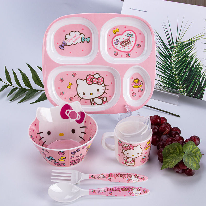 Hot Sale#Cartoon KT Hello Kitty Children's Tableware Set Baby Compartment Plate Children's Bowl Primary School Student Drop-Resistant Cute Japanese Style RX11